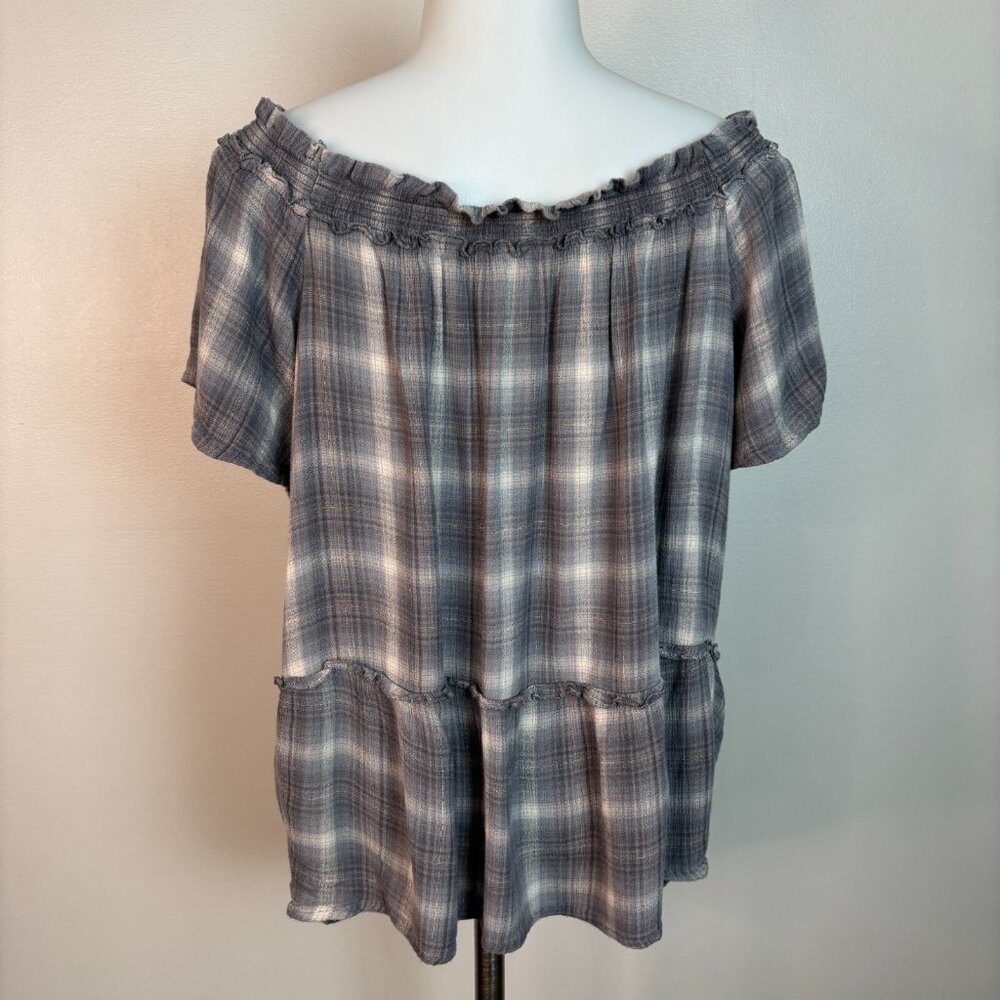 Maurices Top XL Gray Plaid Off-the-Shoulder Button Short Sleeve‎ Blouse Women's - Picture 5 of 12